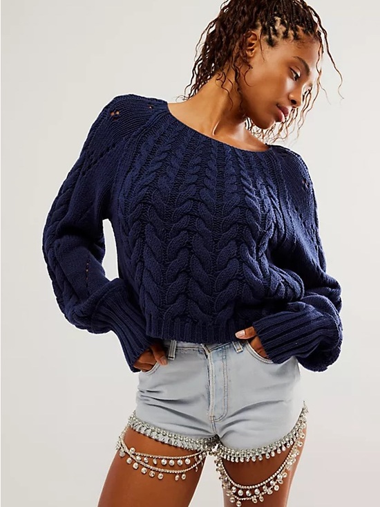 Free People Sweaters - Free People Cable Stitch Pullover Sweater in Blue Sz M